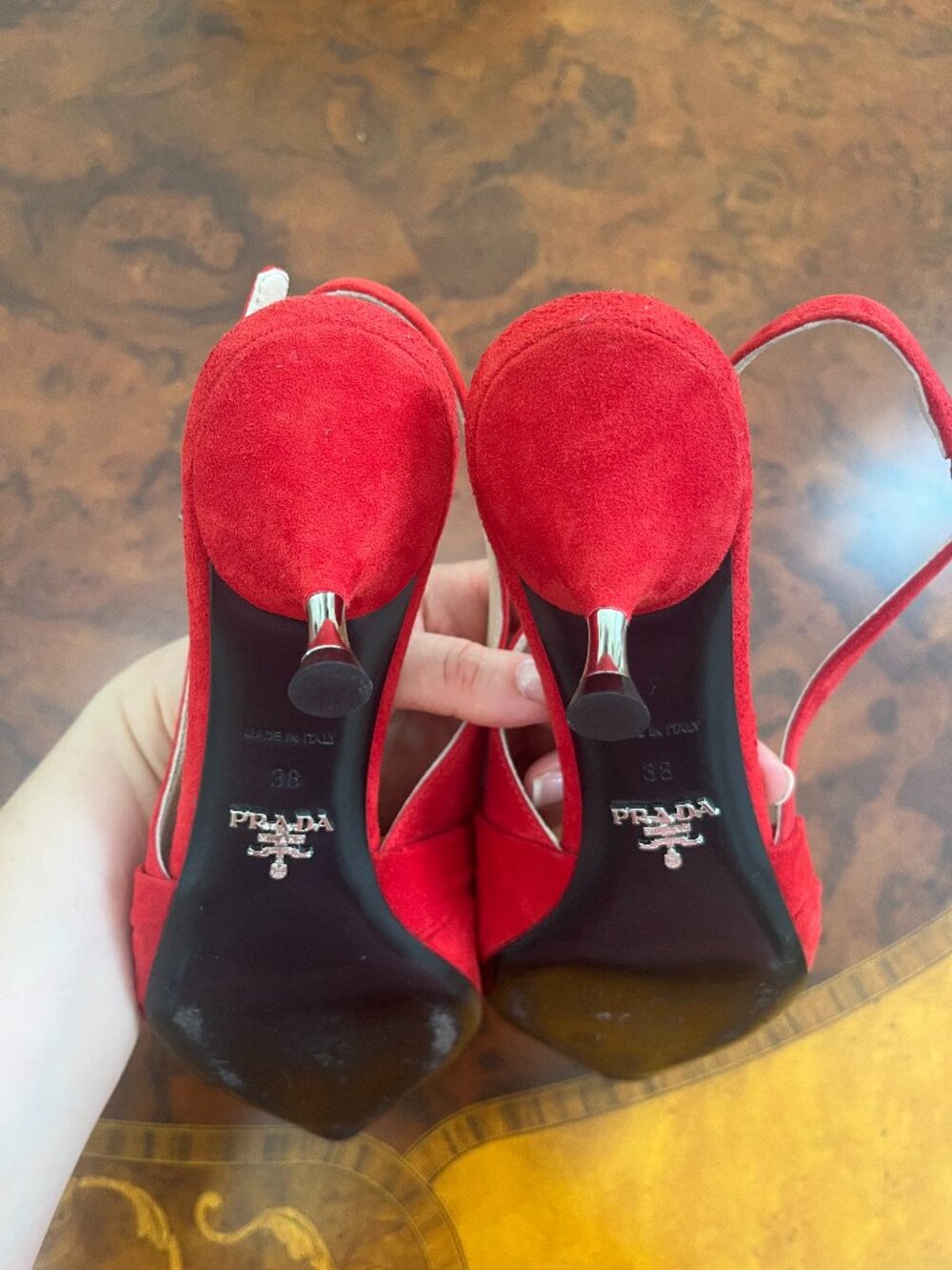 PRADA Red Suede Twist Slingback Pointed Toe Sandals Size IT 38 US 7 - Picture 8 of 11